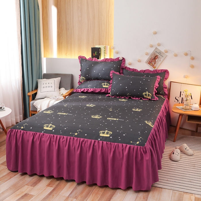 91家纺网 家纺一手货源 找家纺 美莱家纺 2022韩版小清新加厚磨毛床裙四件套 皇冠风情