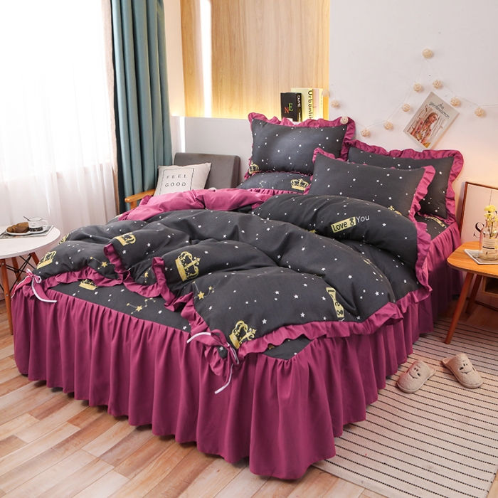 91家纺网 家纺一手货源 找家纺 美莱家纺 2022韩版小清新加厚磨毛床裙四件套 皇冠风情