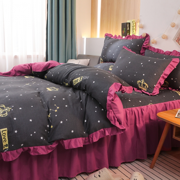 91家纺网 家纺一手货源 找家纺 美莱家纺 2022韩版小清新加厚磨毛床裙四件套 皇冠风情