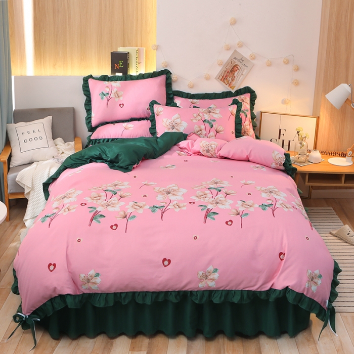 91家纺网 家纺一手货源 找家纺 美莱家纺 2022韩版小清新加厚磨毛床裙四件套 锦绣未央