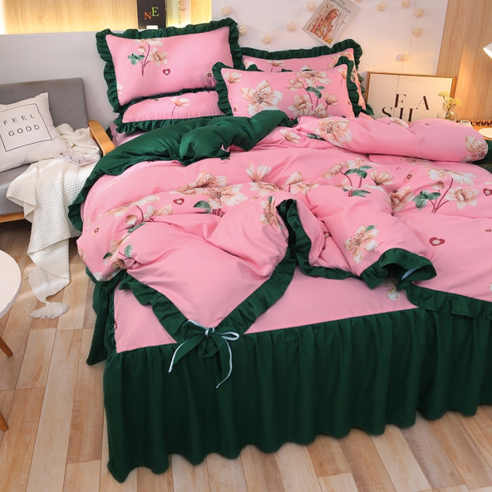 91家纺网 家纺一手货源 找家纺 美莱家纺 2022韩版小清新加厚磨毛床裙四件套 锦绣未央