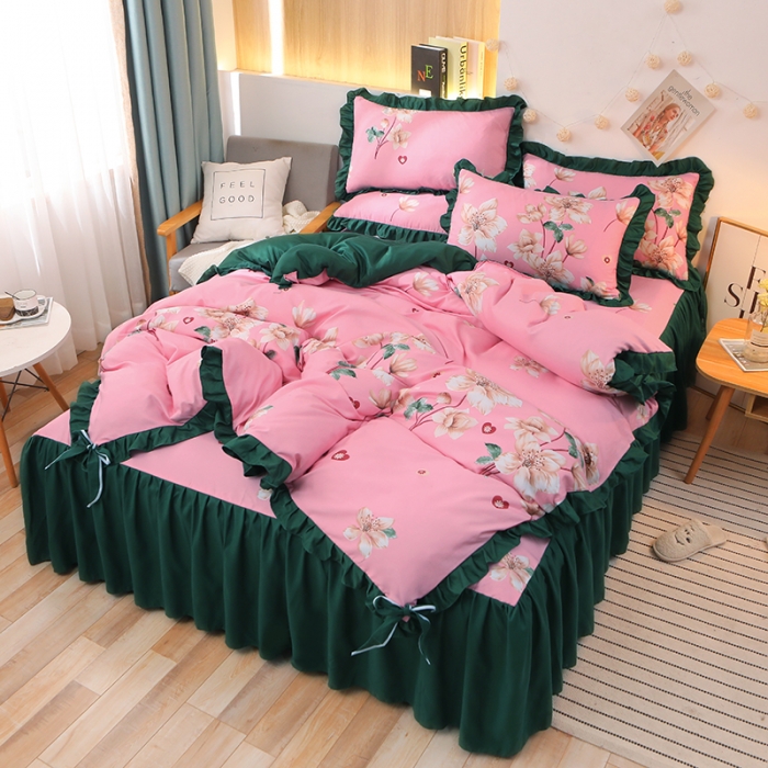 91家纺网 家纺一手货源 找家纺 美莱家纺 2022韩版小清新加厚磨毛床裙四件套 锦绣未央