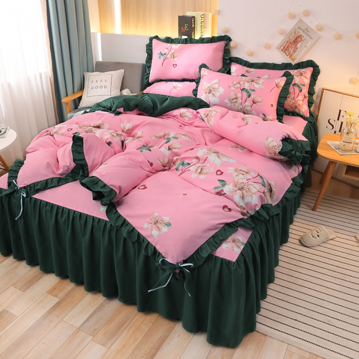 91家纺网 家纺一手货源 找家纺 美莱家纺 2022韩版小清新加厚磨毛床裙四件套 锦绣未央