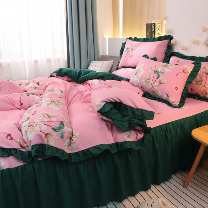 91家纺网 家纺一手货源 找家纺 美莱家纺 2022韩版小清新加厚磨毛床裙四件套 锦绣未央