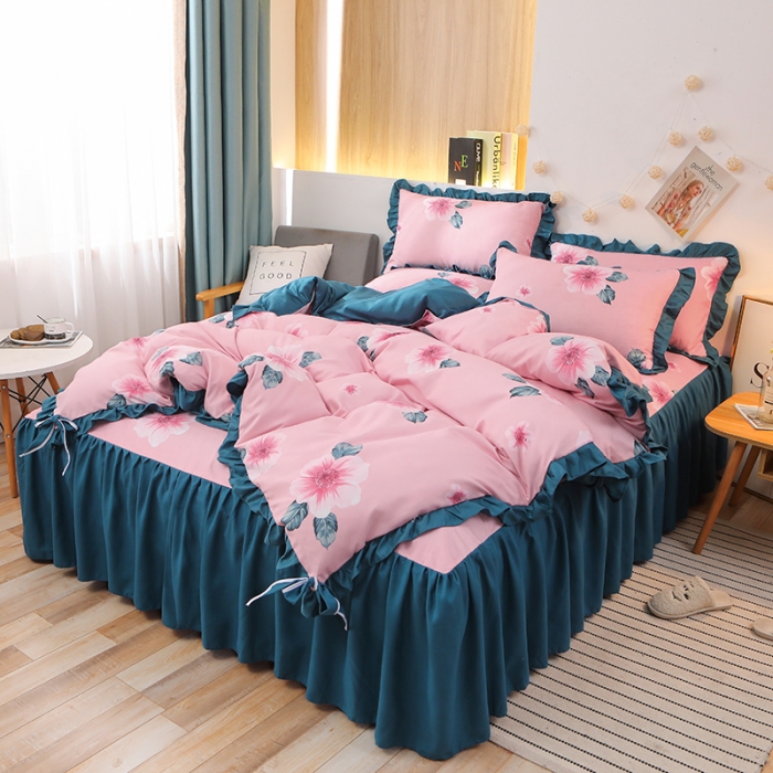 91家纺网 家纺一手货源 找家纺 美莱家纺 2022韩版小清新加厚磨毛床裙四件套 那时花开