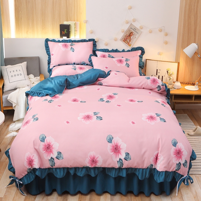 91家纺网 家纺一手货源 找家纺 美莱家纺 2022韩版小清新加厚磨毛床裙四件套 那时花开