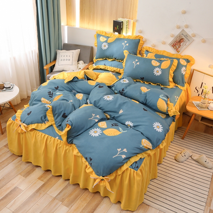 91家纺网 家纺一手货源 找家纺 美莱家纺 2022韩版小清新加厚磨毛床裙四件套 柠檬酸