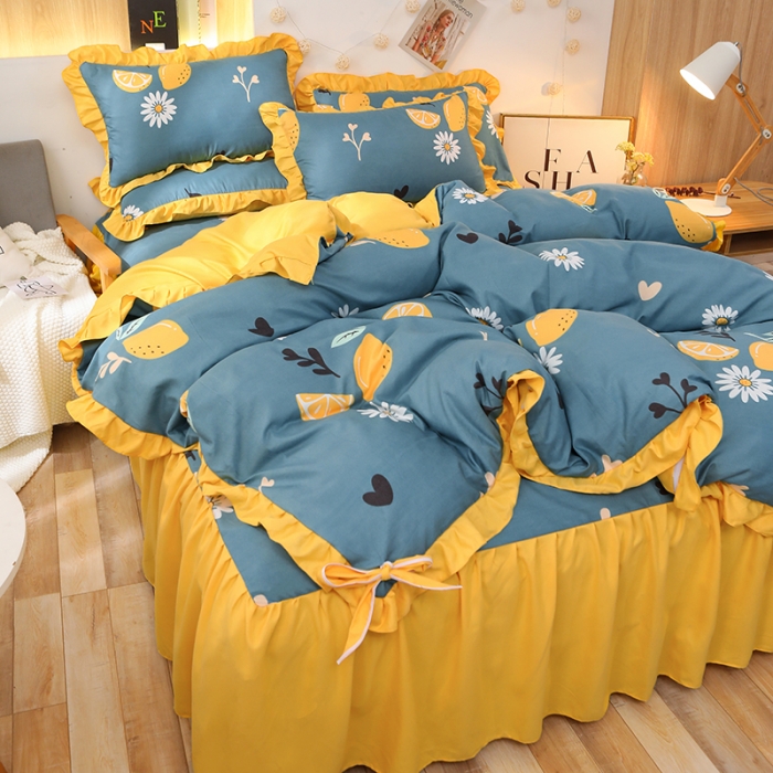 91家纺网 家纺一手货源 找家纺 美莱家纺 2022韩版小清新加厚磨毛床裙四件套 柠檬酸