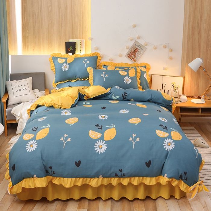 91家纺网 家纺一手货源 找家纺 美莱家纺 2022韩版小清新加厚磨毛床裙四件套 柠檬酸