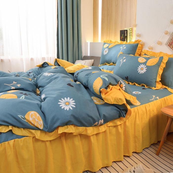 91家纺网 家纺一手货源 找家纺 美莱家纺 2022韩版小清新加厚磨毛床裙四件套 柠檬酸