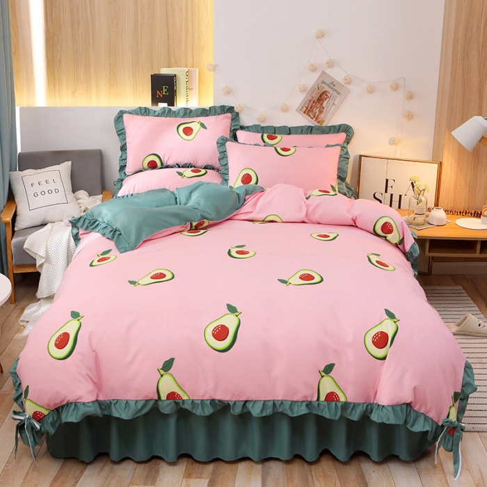 91家纺网 家纺一手货源 找家纺 美莱家纺 2022韩版小清新加厚磨毛床裙四件套 牛油果