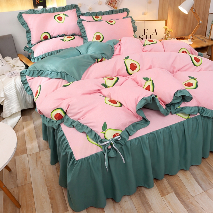 91家纺网 家纺一手货源 找家纺 美莱家纺 2022韩版小清新加厚磨毛床裙四件套 牛油果