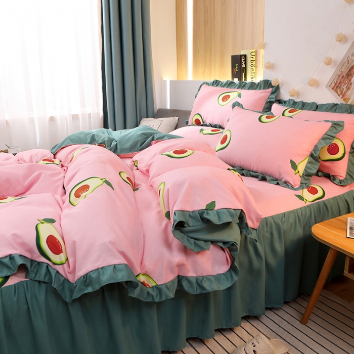 91家纺网 家纺一手货源 找家纺 美莱家纺 2022韩版小清新加厚磨毛床裙四件套 牛油果