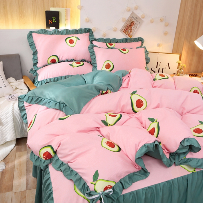 91家纺网 家纺一手货源 找家纺 美莱家纺 2022韩版小清新加厚磨毛床裙四件套 牛油果