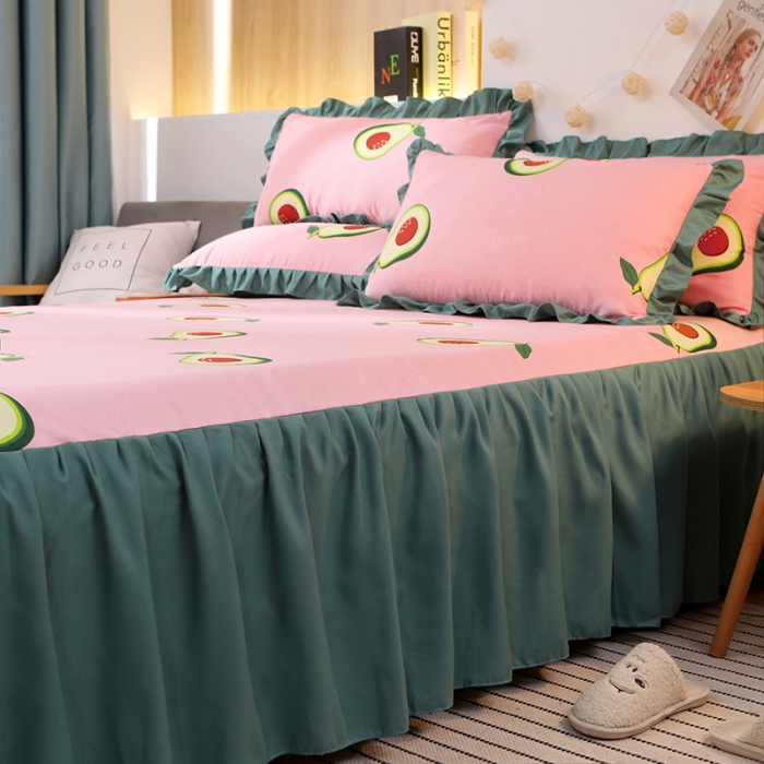 91家纺网 家纺一手货源 找家纺 美莱家纺 2022韩版小清新加厚磨毛床裙四件套 牛油果