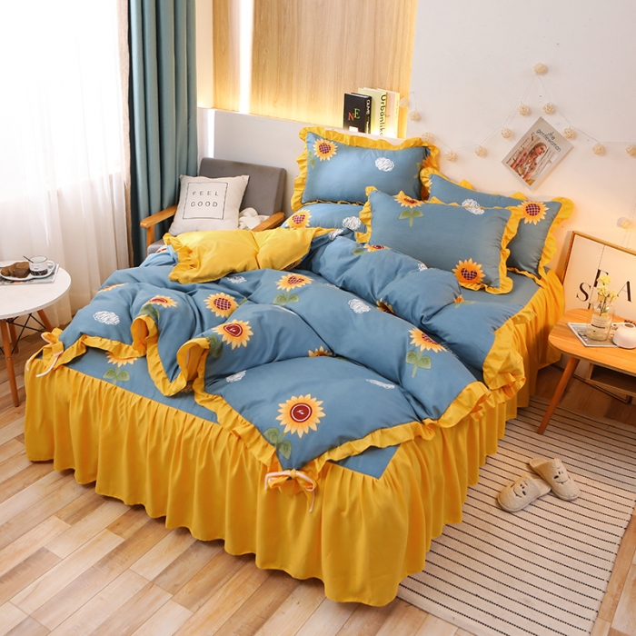91家纺网 家纺一手货源 找家纺 美莱家纺 2022韩版小清新加厚磨毛床裙四件套 向日葵