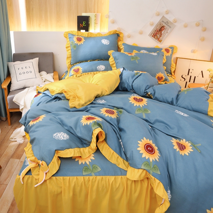 91家纺网 家纺一手货源 找家纺 美莱家纺 2022韩版小清新加厚磨毛床裙四件套 向日葵