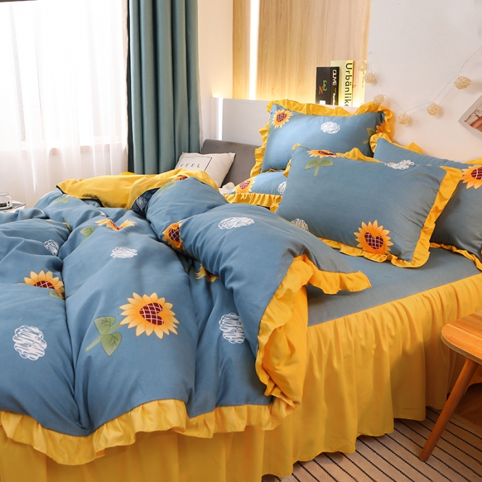 91家纺网 家纺一手货源 找家纺 美莱家纺 2022韩版小清新加厚磨毛床裙四件套 向日葵