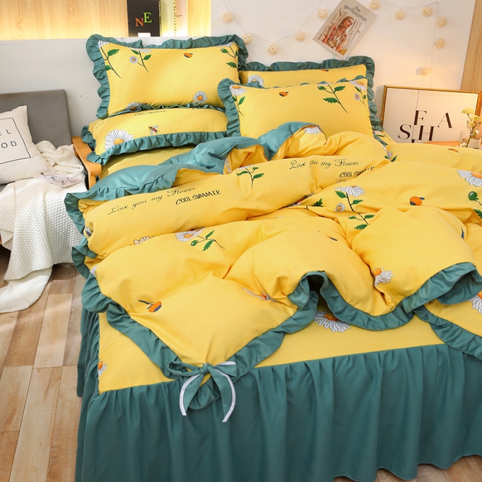 91家纺网 家纺一手货源 找家纺 美莱家纺 2022韩版小清新加厚磨毛床裙四件套 小雏菊