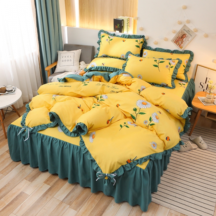 91家纺网 家纺一手货源 找家纺 美莱家纺 2022韩版小清新加厚磨毛床裙四件套 小雏菊