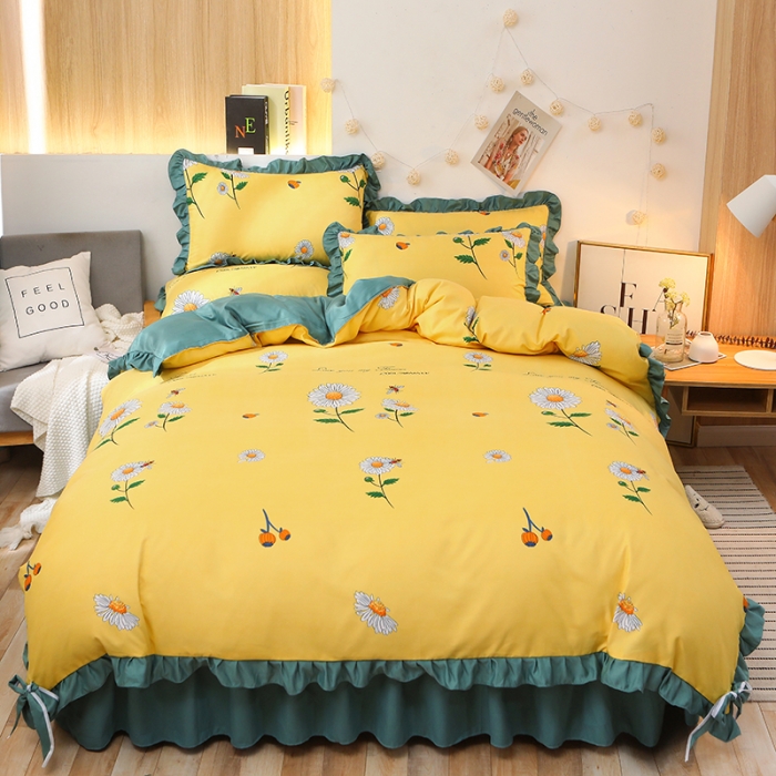 91家纺网 家纺一手货源 找家纺 美莱家纺 2022韩版小清新加厚磨毛床裙四件套 小雏菊