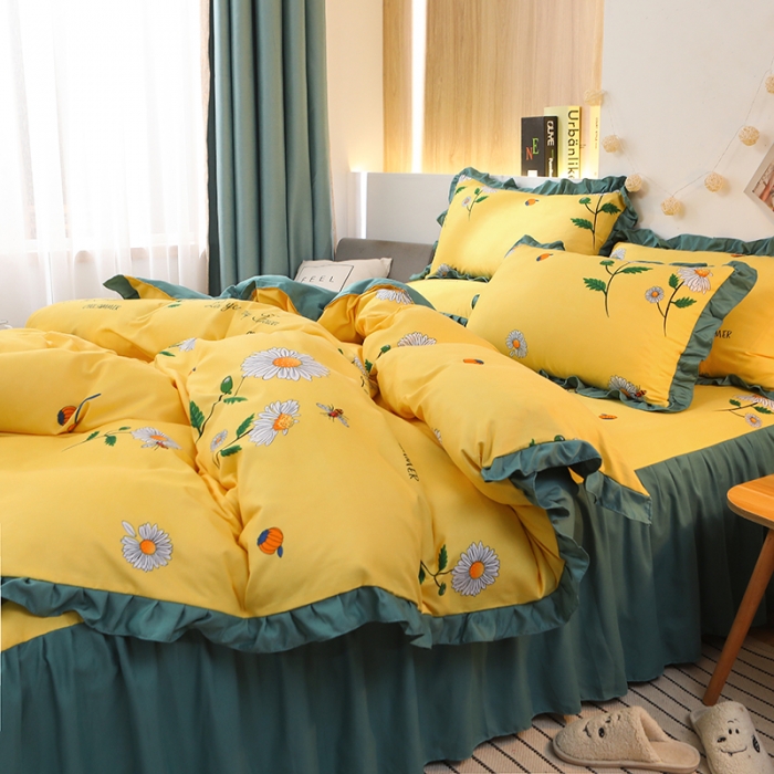 91家纺网 家纺一手货源 找家纺 美莱家纺 2022韩版小清新加厚磨毛床裙四件套 小雏菊