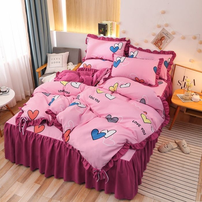 91家纺网 家纺一手货源 找家纺 美莱家纺 2022韩版小清新加厚磨毛床裙四件套 心心相印