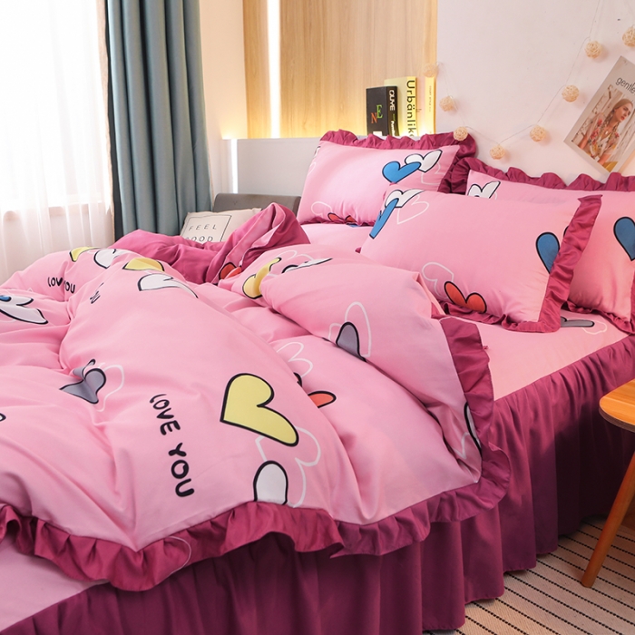 91家纺网 家纺一手货源 找家纺 美莱家纺 2022韩版小清新加厚磨毛床裙四件套 心心相印