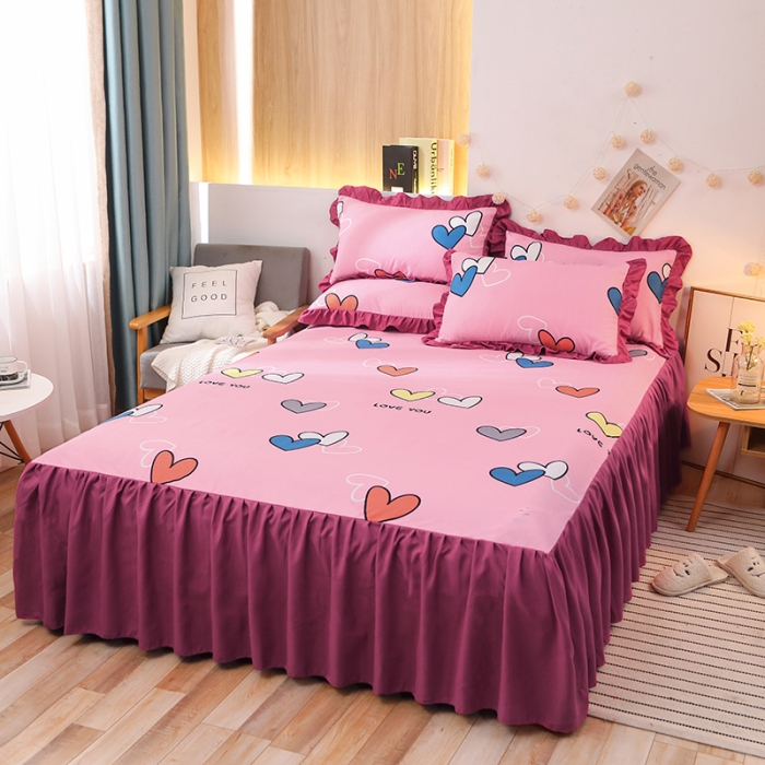 91家纺网 家纺一手货源 找家纺 美莱家纺 2022韩版小清新加厚磨毛床裙四件套 心心相印