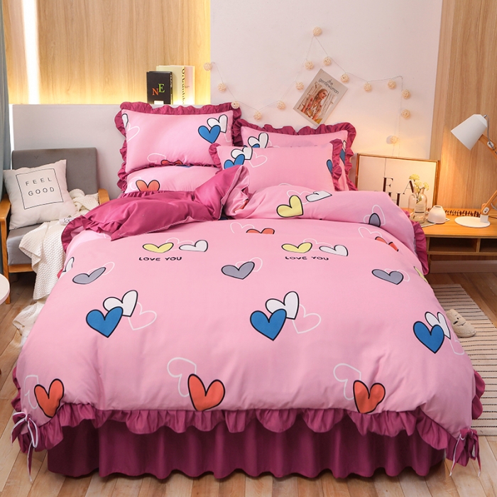 91家纺网 家纺一手货源 找家纺 美莱家纺 2022韩版小清新加厚磨毛床裙四件套 心心相印