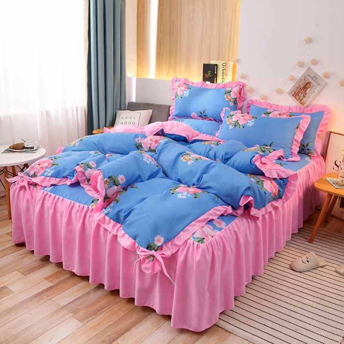 91家纺网 家纺一手货源 找家纺 美莱家纺 2022韩版小清新加厚磨毛床裙四件套 一生拥有