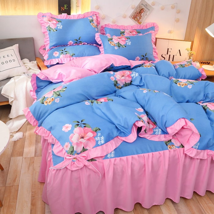 91家纺网 家纺一手货源 找家纺 美莱家纺 2022韩版小清新加厚磨毛床裙四件套 一生拥有