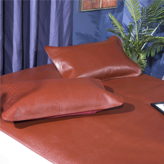 91家纺网 家纺一手货源 找家纺 红宝利 2023新款牛皮席头层牛皮凉席单双人席子三件套 棕色