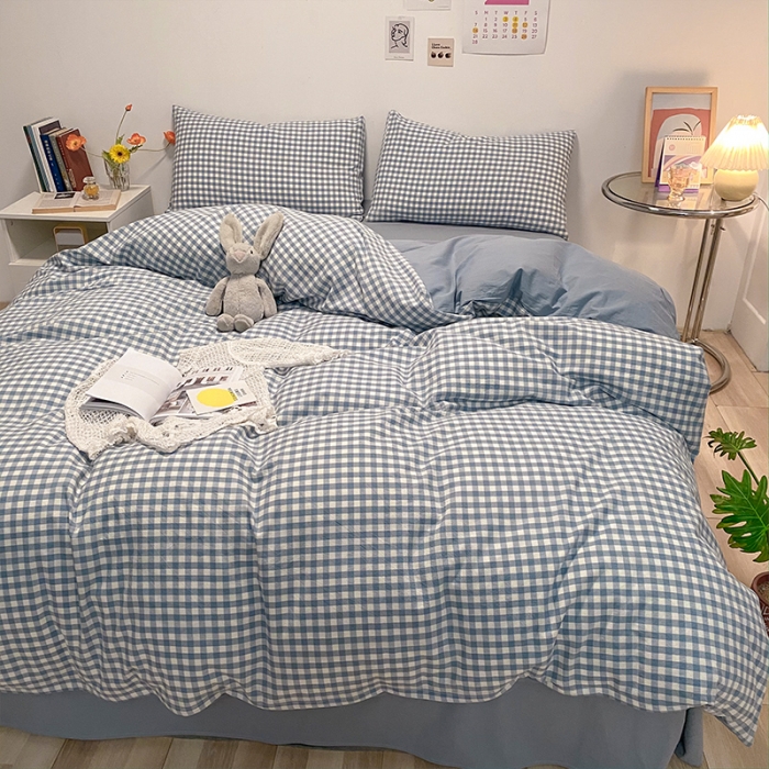 91家纺网 家纺一手货源 找家纺 蓝巢家纺 2022新款全棉色织水洗棉-被套 蓝小格