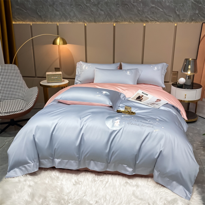 91家纺网 家纺一手货源 找家纺 蓝巢家纺 2022新款水洗真丝四件套 米菲-天空蓝