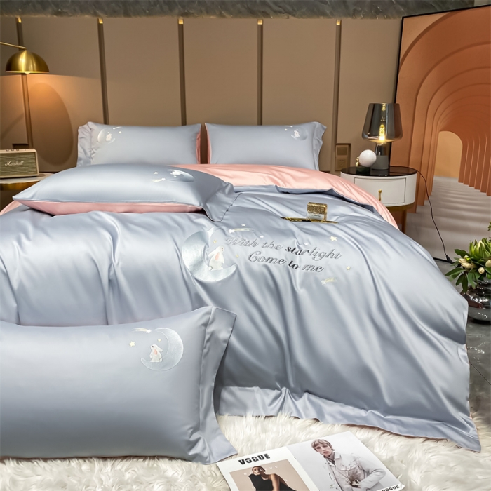 91家纺网 家纺一手货源 找家纺 蓝巢家纺 2022新款水洗真丝四件套 米菲-天空蓝