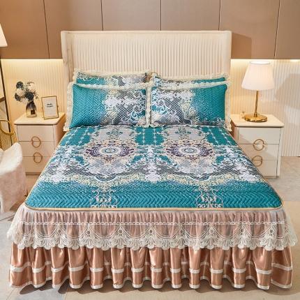 91家纺网 家纺一手货源 找家纺 （总）网红馆 2025新款凉感丝夹棉绗缝蕾丝床裙款冰丝席三件套