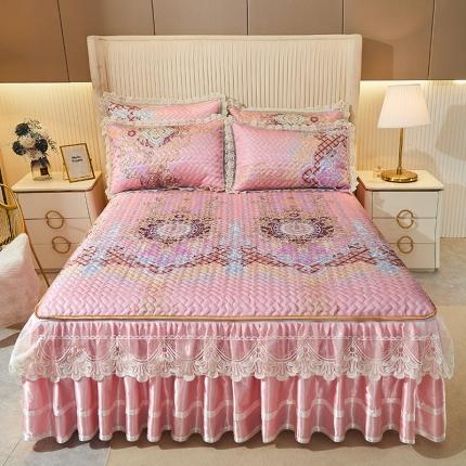 91家纺网 家纺一手货源 找家纺 （总）网红馆 2025新款凉感丝夹棉绗缝蕾丝床裙款冰丝席三件套