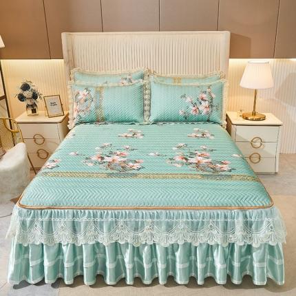 91家纺网 家纺一手货源 找家纺 （总）网红馆 2025新款凉感丝夹棉绗缝蕾丝床裙款冰丝席三件套