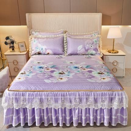 91家纺网 家纺一手货源 找家纺 （总）网红馆 2025新款凉感丝夹棉绗缝蕾丝床裙款冰丝席三件套