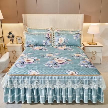 91家纺网 家纺一手货源 找家纺 （总）网红馆 2025新款凉感丝夹棉绗缝蕾丝床裙款冰丝席三件套