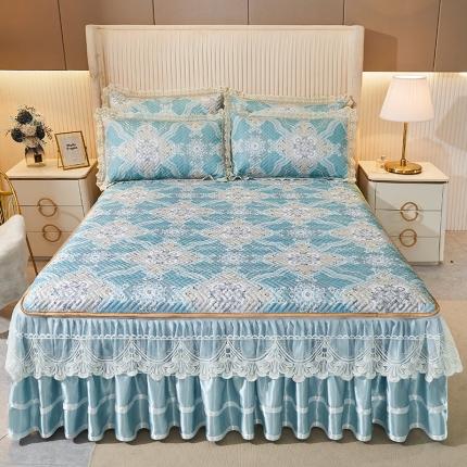 91家纺网 家纺一手货源 找家纺 （总）网红馆 2025新款凉感丝夹棉绗缝蕾丝床裙款冰丝席三件套