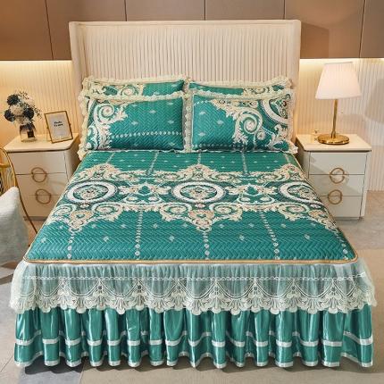 91家纺网 家纺一手货源 找家纺 （总）网红馆 2025新款凉感丝夹棉绗缝蕾丝床裙款冰丝席三件套