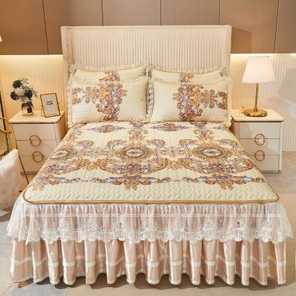 91家纺网 家纺一手货源 找家纺 （总）网红馆 2025新款凉感丝夹棉绗缝蕾丝床裙款冰丝席三件套