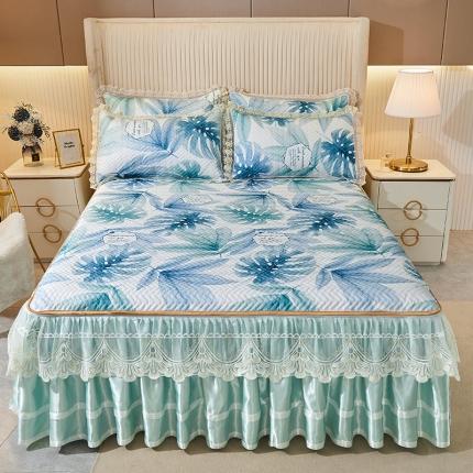 网红馆 2025新款凉感丝夹棉绗缝蕾丝床裙款冰丝席三件套 浅语