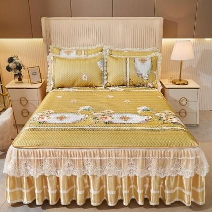 网红馆 2025新款凉感丝夹棉绗缝蕾丝床裙款冰丝席三件套 斯里兰卡