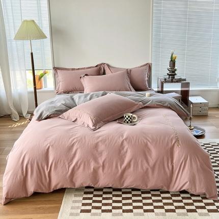 91家纺网 家纺一手货源 找家纺 拼社 新款全棉水洗棉刺绣四件套纯棉床上用品-漫系列 红豆沙+雅灰