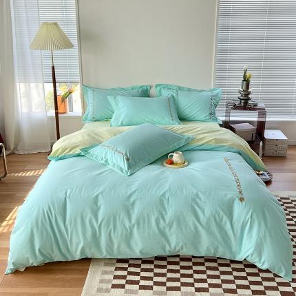 91家纺网 家纺一手货源 找家纺 拼社 新款全棉水洗棉刺绣四件套纯棉床上用品-漫系列 湖水蓝+青草绿