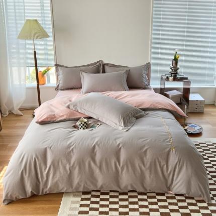 91家纺网 家纺一手货源 找家纺 拼社 新款全棉水洗棉刺绣四件套纯棉床上用品-漫系列 迷雾灰+玫瑰粉