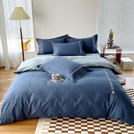 91家纺网 家纺一手货源 找家纺 拼社 新款全棉水洗棉刺绣四件套纯棉床上用品-漫系列 牛仔蓝+浅蓝